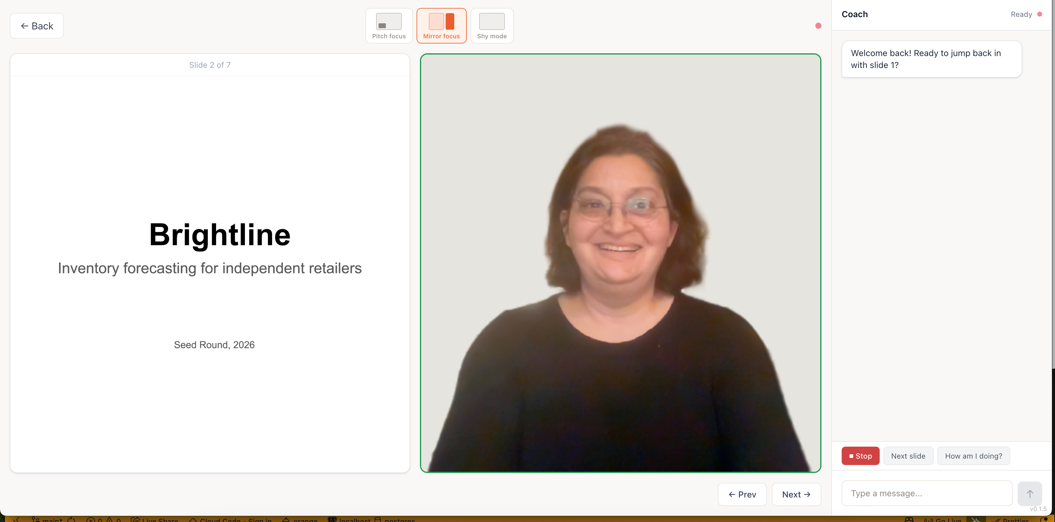 The PitchDeckLive practice screen — a pitch slide, the presenter on camera, and the live coach responding alongside.